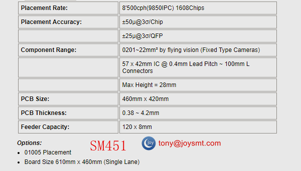 Samsung SM451 Odd Form Multi Function Placement Machine Parameter