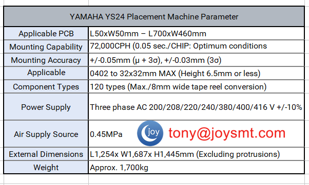 YAMAHA YS24 Placement Machine Parameter