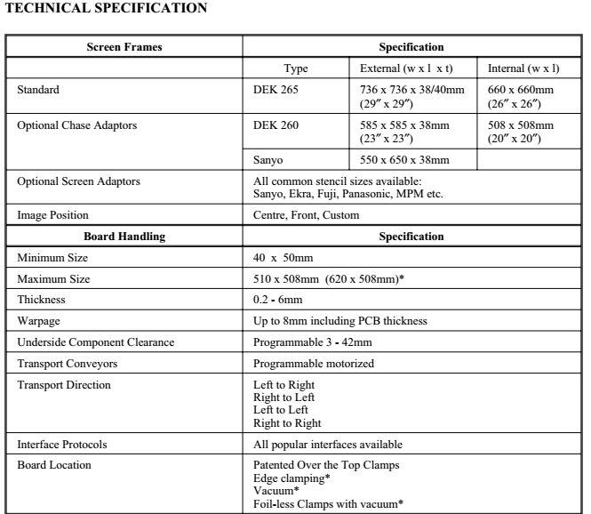 DEK265 Screen printer specification and parameter